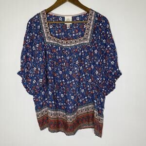 Knox Rose Shirt Womens XL Blue Boho Floral Square Neck Border Print Peasant